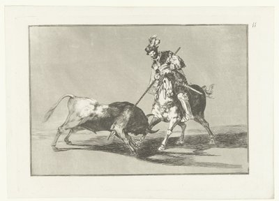 Rodrigo Díaz de Vivar verwondt een stier El Cid Campeador lanceando otro toro Stierenvechten (series title) La Tauromaquia (series title) de Francisco de Goya