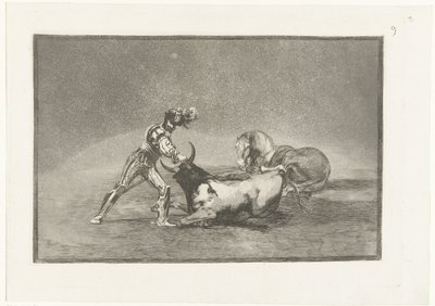 Spaanse ridder doody en stier Un caballero Español mata un toro despues de haber perdido el caballo Stierenvechten (series title) La Tauromaquia (series title) de Francisco de Goya