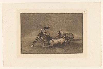 Spaanse ridder doodt een stier Un caballero Español mata un toro despues de haber perdido el caballo Stierengevechten (series title) La Taureaumachie (series title) La Tauromaquia (series title) de Francisco de Goya