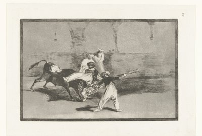 Tauro es agarrado por toreros Cogida de un Moro estando en la plaza Corridas de toros (título de la serie) La Tauromaquia (título de la serie) de Francisco de Goya