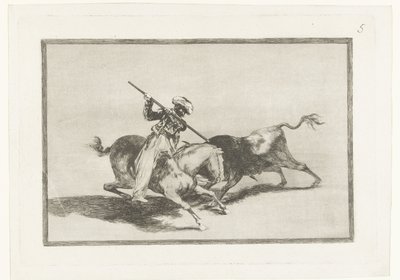 Stierenjacht te paard El animoso Moro Gazul es el primero que lanceó toros en regla La Tauromaquia (series title) Stierenvechten (series title) de Francisco de Goya