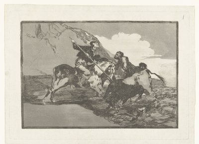 Stierenjacht te paard Modo can que los antiguos Españoles cazaban los toros á caballo en el campo Stierenvechten (series title) La Tauromaquia (series title) de Francisco de Goya