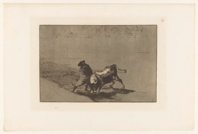 Stierenvechter in een arena El diestrísimo estudiante de Falces, embozado burla al toro con sus quiebros Stierengevechten (series title) La Taureaumachie (series title) La Tauromaquia (series title) de Francisco de Goya