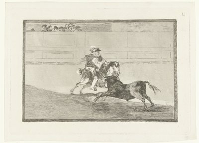 Stierenvechten in een arena Un caballero Español en plaza quebrando rejoncillos sin auxilio de los chulos Stierenvechten (series title) La Tauromaquia (series title) de Francisco de Goya