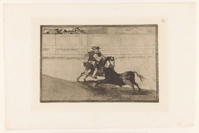 Stierenvechten in een arena Un caballero Español en plaza quebrando rejoncillos sin auxilio de los chulos Stierengevechten (series title) La Taureaumachie (series title) La Tauromaquia (series title) de Francisco de Goya