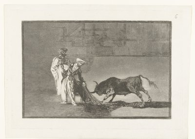 Stierenvechten in een arena Los Moros hacen otro capeo en plaza con su albornoz Stierenvechten (series title) La Tauromaquia (series title) de Francisco de Goya