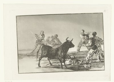 Stierenvechten rondon en stier Desjarrete de la canalla con lanzas. medias-lunas, banderillas y otra armas Stierenvechten (series title) La Tauromaquia (series title) de Francisco de Goya
