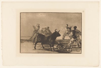 Stierenvechters rondom een stier Desjarrete de la canalla con lanzas, medias-lunas, branderillas y otras armas Stierengevechten (series title) La Taureaumachie (series title) La Tauromaquia (series title) de Francisco de Goya