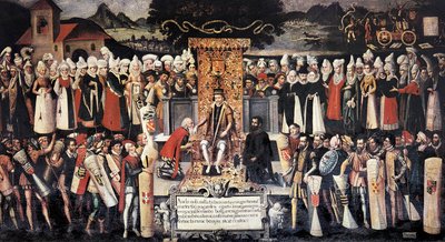 Ceremonia de besamanos tras la declaración de privilegios del rey Fernando el Católico (1452-1516). Pintura de Francisco de mendieta Y Retes (siglo XVI). España, Guernica. Casa de Juntas. de Francisco de Mendieta y Retes