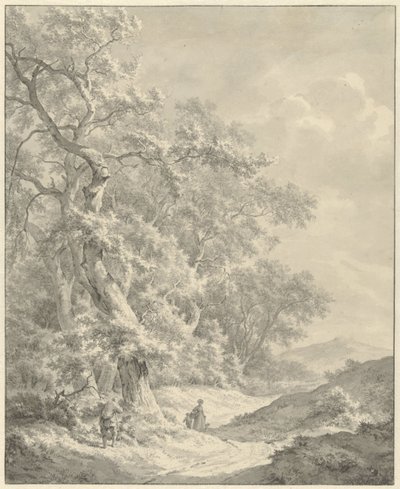 Paisaje con caminantes en un camino a lo largo del bosque. de Franciscus Andreas Milatz