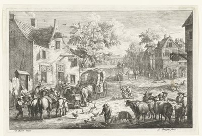 Vista del pueblo con viajeros y comerciantes de ganado en la posada de Franciscus de Bargas