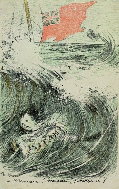 "¡Madre! ¡Madre! ¿Por qué?", un niño ahogado tras el torpedeo del Lusitania por un submarino alemán, 7 de mayo de 1915 (grabado en color) de Francisque Poulbot