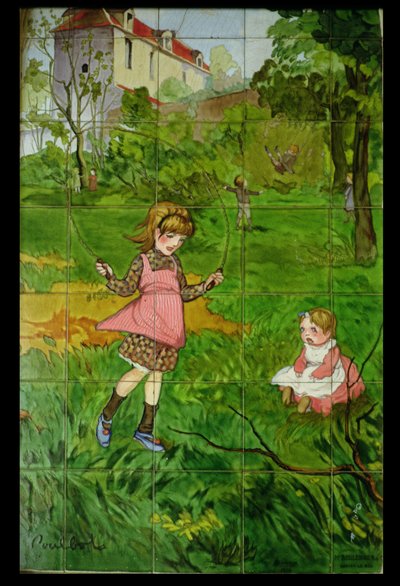 Azulejos decorados con niños jugando en un jardín (cerámica vidriada) de Francisque Poulbot