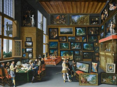 Cognoscenti en una sala colgada de cuadros, c.1620 (óleo sobre roble) de Franco-Flemish School