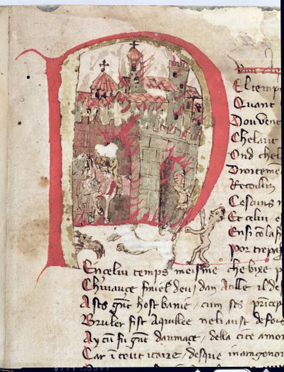 Inicial historiada que representa a Atila el Huno quemando la ciudad de Aquila, de La Guerra de Atila por Nicola da Casola de Franco Italian School