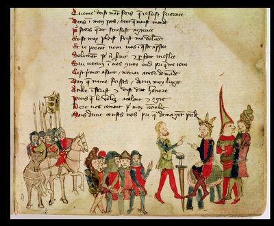 Ms Est 27 W 8.17 f.4r Atila el Huno (c.406-453) en discusión con uno de sus guerreros, de La guerra de Atila por Nicola da Casola de Franco Italian School