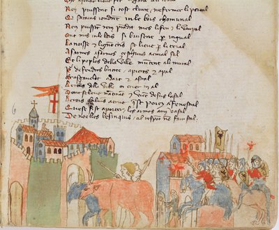 Ms Est 27 W 8.17 f.6r Campesinos entrando en una ciudad con su ganado y la llegada del ejército de Atila, de La guerra de Atila por Nicola da Casola de Franco Italian School