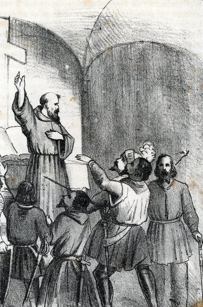 Cuarta guerra Venecia-Otomana: la Iglesia llama a vencer a los musulmanes en vísperas de la batalla naval de Lepante que se suscitó el 7 de octubre de 1571 en el golfo de Patras, Grecia (coalición cristiana la víspera de la batalla de Lepanto durante la ot de Franco Mistrali