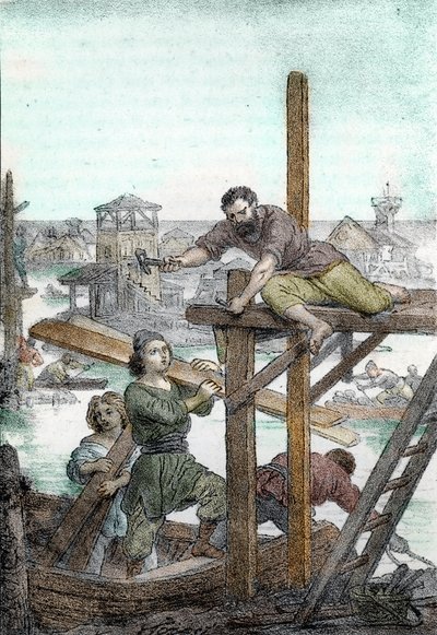 Refugiados cazados por los hunos de Atila instalan los cimientos de la ciudad de Venecia, siglo V (Fundación de Venecia por los refugiados cazados por los bárbaros de Atila, siglo V) Dibujo de "I misteri del vaticano" de Franco Mistrali 1846 de Franco Mistrali