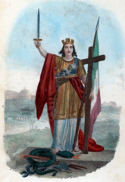 Risorgimento: Representación alegórica de la Italia triunfante de pie sobre la serpiente de la iglesia corrompida y levantando una espada con una cruz y una bandera, símbolos del risorgimento político, religioso y civil) Frontispice tire de "I misteri del  de Franco Mistrali
