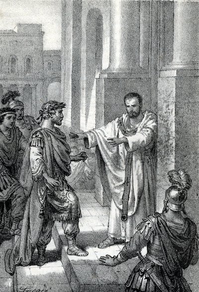 El arzobispo San Ambrosio de Milán (Aurelius Ambrosius, Ambrogio di Milano (340-397) prohibió la entrada de la iglesia al emperador romano Teodosio I (Flavius Theodosius) (347-395) para castigarlo por la masacre de Tesalónica en 390 - Excommunicati de Franco Mistrali
