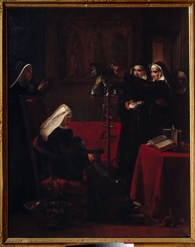 Monjas verdes dando comida al loro de una monja dormida de Francois Marius Granet