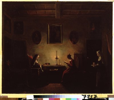 ""Interior"" Escena en un monasterio, una joven leyendo a la luz de las velas, dos monjas están en la habitación. Pintura de Francois Marius Granet (1775-1849) Museo Pushkin del siglo XIX, Moscú de Francois Marius Granet