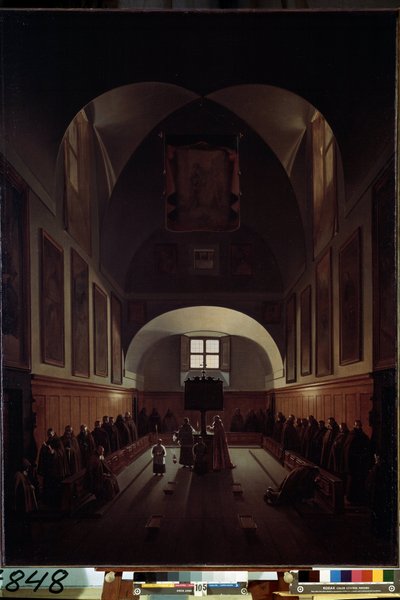 "" Vista del interior del coro de la iglesia capuchina de Santa María del diseño en la plaza Barberini en Roma "" (Interior del coro en la iglesia de Santa Maria della Concezione dei Cappuccini en la Piazza Barberini en Roma) Pintura por François Marius de Francois Marius Granet