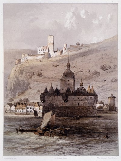 Chateau a Pfalz, Alemania. En "El monumental y pintoresco Rin". Litografías de Fourmais y Stroobant de Francois Stroobant