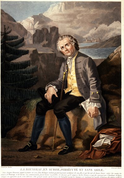 Jean Jacques Rousseau en Suiza, perseguido y sin asilo. Aguatinta por Charon d