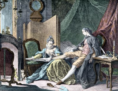 La cortesana enamorada: Mujer quitando la parte inferior de un hombre - grabado por ap. Butcher de Francois (after) Boucher