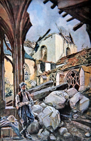 Batalla de Verdún: Soldado francés comiendo sus raciones en un claustro en ruinas de la catedral de Francois (after) Flameng