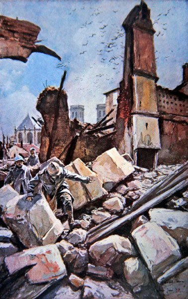Batalla de Verdún: Tropas francesas moviéndose entre murallas en ruinas de Francois (after) Flameng