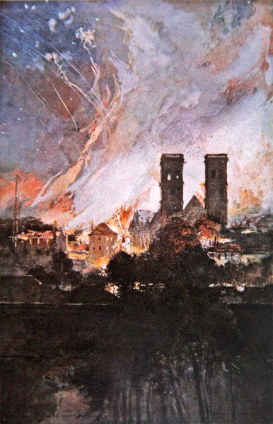 Batalla de Verdún: Bombardeo alemán de Verdún con proyectiles incendiarios de Francois (after) Flameng
