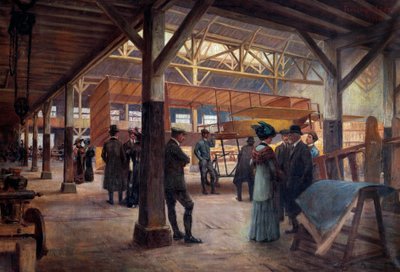 Taller de los hermanos Gabriel y Charles Voisin (1880-1973 y "1882-1912), pioneros de la aviación, en 1908 en Boulogne Billancourt" (óleo sobre lienzo) de Francois Alaux