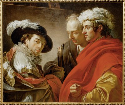 Retrato de tres hombres: El pintor con sombrero y pluma, el arquitecto Pierre Rousseau y un amigo anónimo ... de François André Vincent