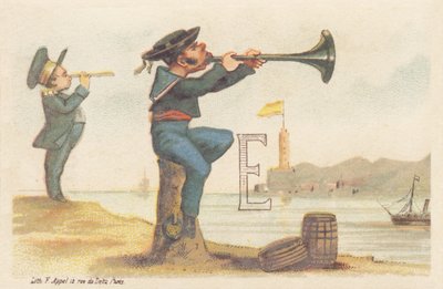 E (carta representada por un marinero bretón sentado en una bita de amarre y jugando a las bombas) de Francois Antoine Appel