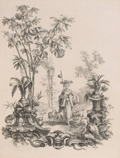 Joven china caminando, rodeada de sus ovejas, ca. 1740-50 de Francois Antoine Aveline