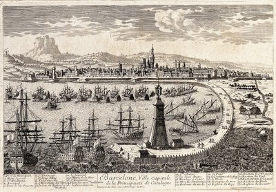 Vista de la ciudad y el puerto de Barcelona en el siglo XVIII. Grabado de François Antoine Aveline. Barcelona, Museu d
