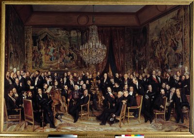 Noche en el Louvre con el Conde de Nieuwerkerke. Entre los presentes: François Marcellin Certain de Canrobert (1809-1895), Eugène Delacroix (1798-1863), Camille Doucet (1812-1895), Jacques Fromental Lévy, conocido como Halévy (1799-1862), Barón Georges Hau de François Auguste Biard