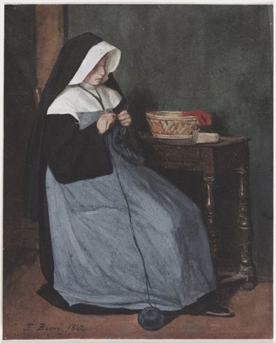 Una monja sentada a la mesa tejiendo de François Bonvin