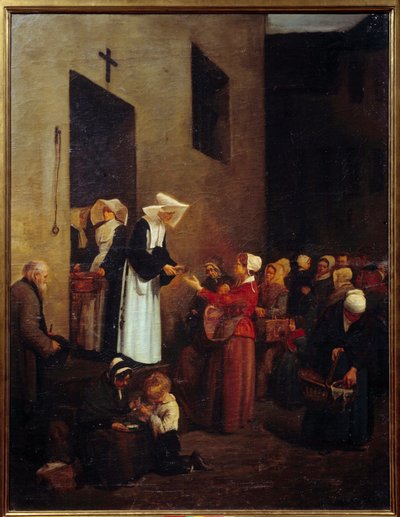 Caridad. Monjas distribuyen comida a los pobres en la calle de François Bonvin