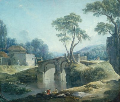 Un paisaje boscoso con un puente sobre un río (óleo sobre lienzo) de François Boucher
