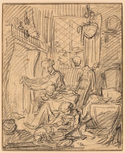 Escena doméstica: Madre con dos niños pequeños frente a una repisa de François Boucher