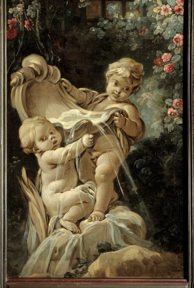Panel de la puerta del salón Demarteau: fuente con dos amores, uno de los cuales está arrodillado de François Boucher