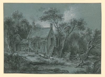 Casa con una escalera entre los árboles; delante, un pescador de François Boucher