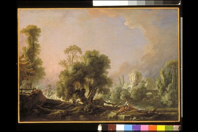 Paisaje idílico con mujer pescando (óleo sobre lienzo) de François Boucher