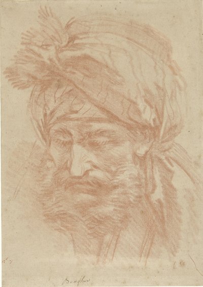 Cabeza de un oriental con barba y turbante, vista de frente, mirando hacia abajo de François Boucher