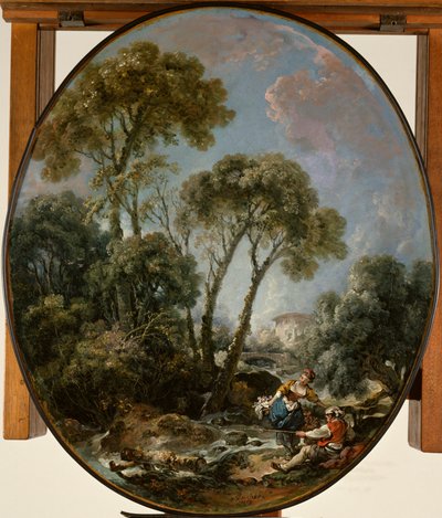 Paisaje con pescador y una joven de François Boucher