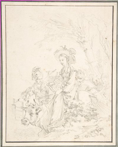 Campesina montada en un buey con sus compañeros de François Boucher
